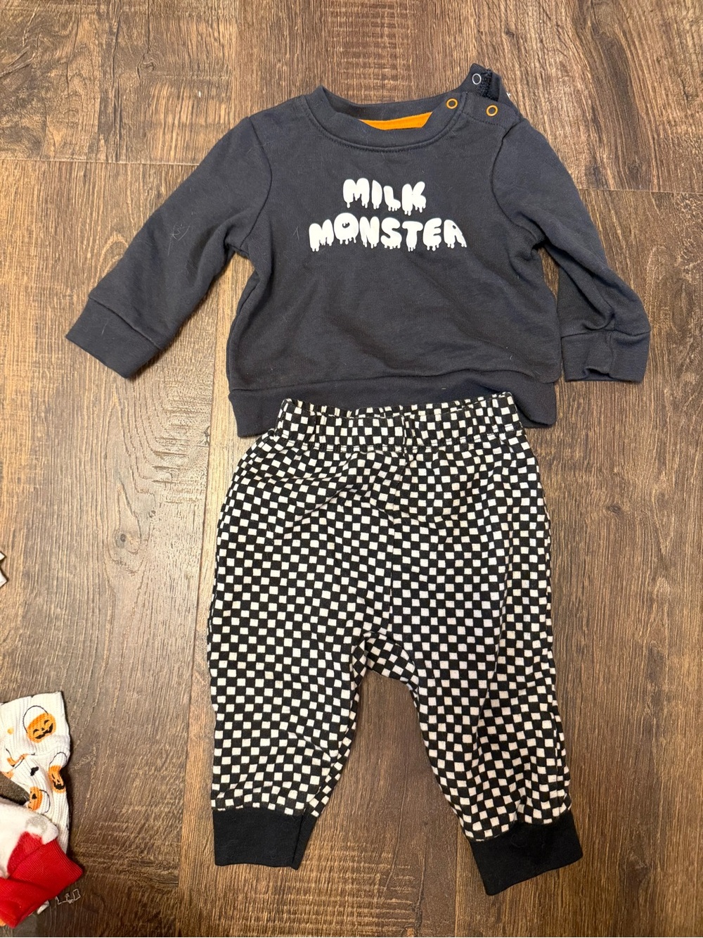 Cat & Jack Black "Milk Monster" Sweatshirt & Black/White Check Pants Set